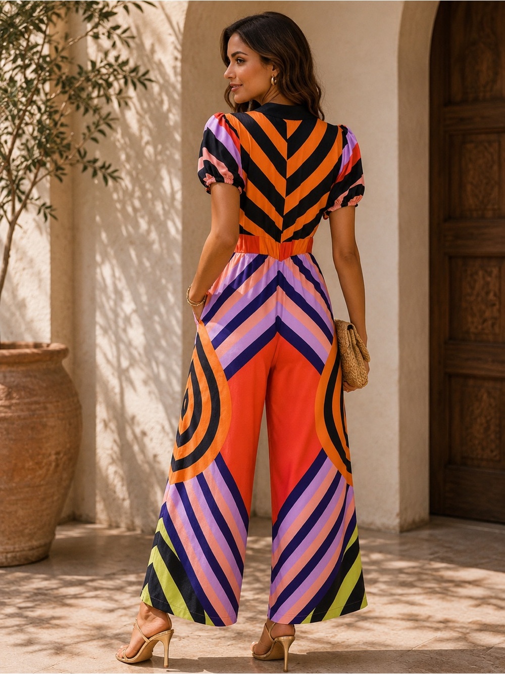 FARM Rio Deep V Wide Leg Jumpsuit Colorful Geometric Button Front Pockets Sz XS - Picture 2 of 13